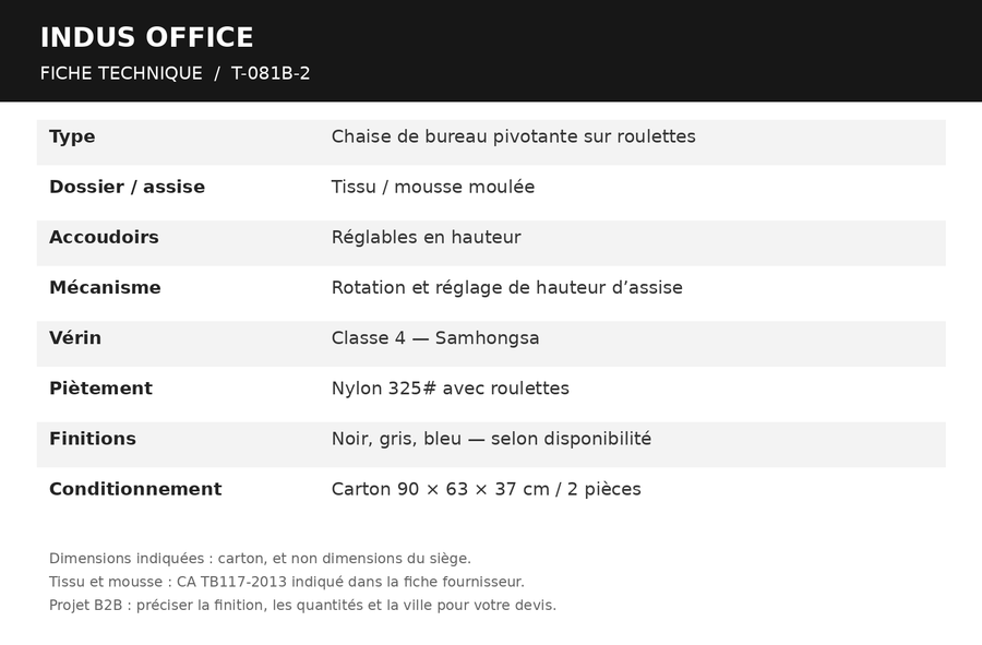 Chaise de bureau en tissu T-081B-2 à accoudoirs réglables - Fiche Technique
