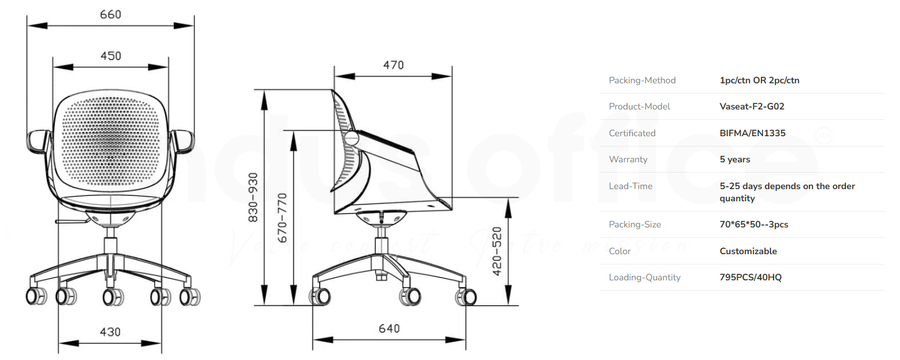 Chaise de Bureau F2-G01 - Ergonomique & Design | Indus Office Maroc - Fiche Technique