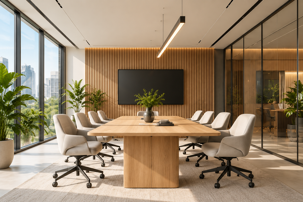 Table de réunion et sièges dans une salle lumineuse