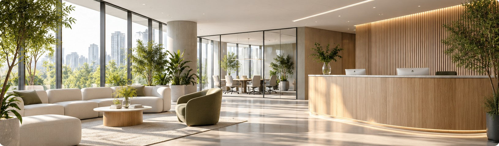 Espace d’accueil professionnel avec mobilier contemporain